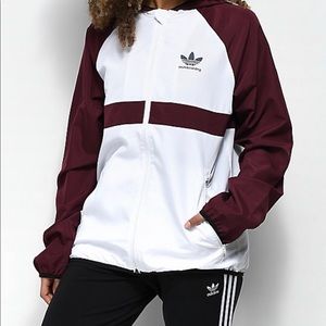 Burgundy and white adidas windbreaker